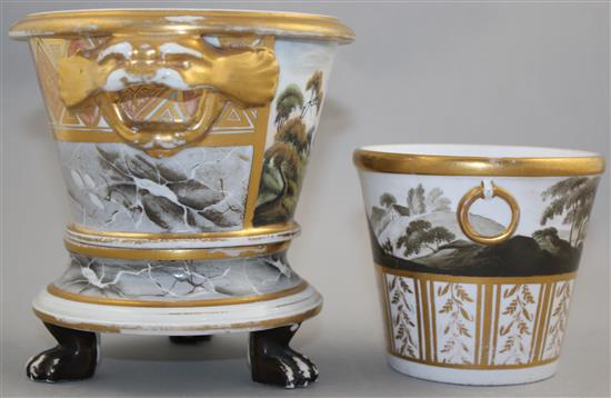 Two Coalport cache pots and a stand, c.1800-10, 9cm, larger pot with some restoration